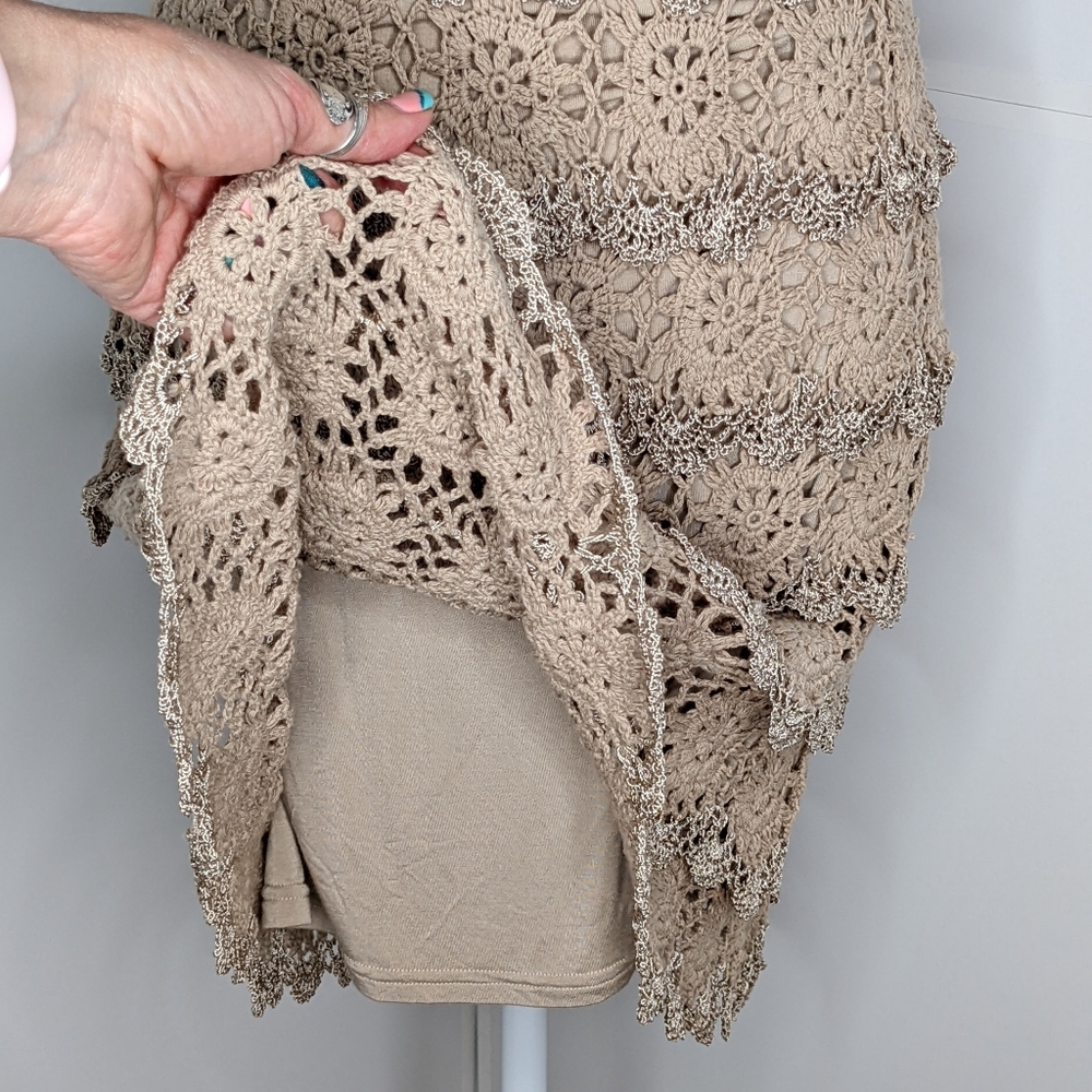 Boston Proper EUC crochet cold shoulder ruffles dress metallic small taupe brown - Picture 8 of 16